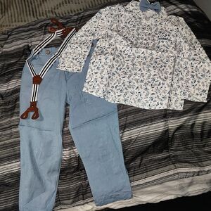 Floral Shirt and Blue Pants Set with Suspenders